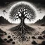 Placeholder: striking black metal album art depicting a spiky tree of life in an arid landscape with bones, black and white