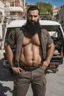 Placeholder: half figure photography of a 38 year old beefy burly turkish plumber, wearing his work unbuttoned uniform, bulge, leaning with his back to his van, arms folded and angry look, , hairy chest, big belly, very virile, long black beard, very short hair, sweat, , in a sunny street, photorealistic