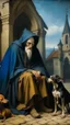 Placeholder: Bosch painting style nightmare of A hooded old man with humpback and his old dog are sitting homeless by the church