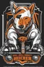 Placeholder: 3/4 view bull-terrier hockey logo, thick lines, vector simplified, black white and orange