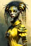 Placeholder: Artist Jean-Baptiste Monge style. A humanoid biomorph Zebra-Spider faced woman. Yellow eyes. A yellow striped ress, covered with spider legs.