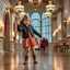 Placeholder: a 2 years old girl in modern clothing and makeup dancing with cute and joy with pertty boots in a modern royal hall