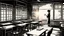 Placeholder: monochromatic japanese classroom with a shadowy figure looking out the window holding a transparent key emanating glow that colors the surroundings, anime