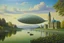 Placeholder: In a hyperrealistic painting, the sci-fi zeppelin on a background and there is a water with creek acropolis in her background, art by rene magritte and raphael, a surrealistic setting, 64k cold colors, mute colors