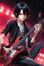 Placeholder: A 30 years old male guitarist playing guitar at a midnight concert, red creepy alien eyes, black hair, athletic build, correct hands, in the style of manga "Rosario+Vampire"