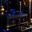 Placeholder: A black and gold decorated chest half opened and filled with purple blue roses in front of it a burning candle in delicate purple all on a light background