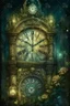 Placeholder: antique carved clock close-up on a stone tower covered with ivy and roses against the background of a night-time fairy-tale city, magic, magical lighting effect, illustration to a fairy tale, multilayer watercolor, fireflies, fine drawing of details with pencils, realistic, digital art, colors grey, emerald, umbra, beige, gold