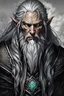 Placeholder: full length front facing ancient grizzled, gnarled elf mage, with long, grey hair streaked with black, highly detailed facial features, sharp cheekbones. His eyes are black. He wears weathered roughspun clothes. he is lean and tall, with pale skin, full body with thigh high leather boots and has a dark malevolent aura within swirling maelstrom of ethereal chaos in the comic book style of Bill Sienkiewicz and Jean Giraud Moebius in ink wash and watercolor, realistic dramatic natural lighting