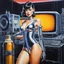 Placeholder: [art by Hajime Sorayama] a female T600 robot, exuding sleek sophistication in Agent Provocateur, holds a beer in one hand and a rifle in the other. Surrounded by a mesmerizing display of retro TV sets emitting static, the scene pulsates with a unique blend of high-tech allure and vintage charm. As the bold Japanese writing flashes across the CRT 90s TV screen