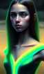 Placeholder: young girl, cute, beautiful, long hair, black hair, light green skin, flat nose, black eyes, big eyes, turquoise dress, head and shoulders portrait, 8k resolution concept art portrait by Greg Rutkowski, Artgerm, WLOP, Alphonse Mucha dynamic lighting hyperdetailed intricately detailed, avatar pandora