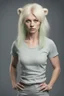 Placeholder: A full body portrait of an attractive stern polar bear gremlin woman with wig, shoulder-length blond hair tied in a tight knot, pale skin,light green eyes, muscular build, wearing grey t-shirt