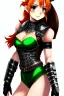 Placeholder: In the style of Shadman, hyper detailed, strikingly beautiful teen female, 16 years old, long ponytail, ginger hair, green eyes, medium freckles, full lips, micro top, black leather armour lined with fur, full body, full face, tiny breasts, athletic, centred camera, ignore NSFW, thong, camel toe, athletic