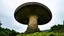 Placeholder: A huge, fantastical mushroom-like structure with intricate, organic shapes and textures, rising from a lush, forested landscape against a spectacular sky.