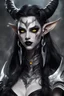Placeholder: demon, female, big fangs, black hairs, elven ears, white skin, glowing eyes, black horns, yellows eyes, staff. warpoint, black lips, silver earrings, silver necklace, long ears, black makeup, ultra quality, ultra detailed, high details, highly detailed, hard-edge style