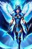 Placeholder: a person in runic armor with blue wings, blue short hair, runic tattoo and spell book