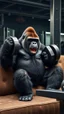Placeholder: A gorilla lifting weights at the gym, his couch is a monkey seems so happy