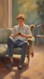 Placeholder: A young man sits on a sofa happily playing with his mobile phone in the impressionist Monet style