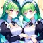 Placeholder: Clear focus, 8k, high quality, detailed, beautiful lighting, girl, vibrant colors, green hair, vibrant pink eyes, twins, maid