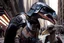 Placeholder: a photorealistic ferocious Mandalorian velociraptor holding Darth Vader's crushed helmet in New York City