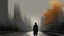 Placeholder: a medium-quality digital painting of a solitary figure ((silently)) leaving behind a bustling cityscape, autumn, somber atmosphere, moody lighting, minimalistic style, abstract representation, emotion, melancholic, fading memories, symbolic, contemplative journey, digital art.