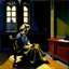 Placeholder: oil painting, woman seating down, dark, Edward Hopper