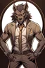 Placeholder: Buff, anthro, wolf, himbo, black fur, gold eyes, wearing a suit, full-body, muscles, strong, muscular, man boobs, bulky, tail, dark fur, smug grin, hands on hips,