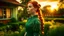 Placeholder: Garden at sunset being rendered to by a beautiful Redheaded woman with plaits wearing a tight green dress