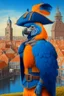 Placeholder: Half parrot half human in a 1700s Orange Dutch uniform next to a Dutch city with blue feathers