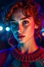 Placeholder: score_9, score_8_up, score_7_up, cinematic photo, close-up, 1girl, beautiful cute face, parted lips, curly ginger hair, natural eyebrows, pale skin, colorful sweater, multicolored clothing, illuminated by cool lights, blue lighting, purple lighting, teal lighting, soft glow, shimmer effect, sharp detail, fashion editorial, seductive gaze, high contrast, glowing atmosphere, dreamy lighting, atmospheric background, studio lighting, realistic face, photorealistic,
