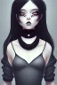 Placeholder: Girl, cute, beautiful, dark shadows, tilted head, black lipstick, grey skin, short black hair, choker, black sweater