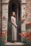 Placeholder: A beautiful girl standing in classic old building with bricks stones texture with a balcony filled with red poppies growing out of it
