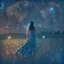 Placeholder: a young woman in a sleeveless dress seen on the back in a field at night with lots of stars, looking at an apparition in the sky