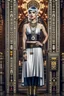 Placeholder: Creation: full body and headshot of a skinny Cleopatra, with a silver bob hairstyle, standing in a steampunk setting.