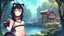 Placeholder: Girl, open navel, black hair, orange eyes, forest, river,house by river, small wooden house,collar on neck, raccoon ears, raccoon tail, raccoon muzzle on face, raccoon paws , raccoon nose.