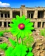 Placeholder: flower of peace blooming on damaged building in war torn city