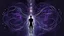 Placeholder: A minimalist abstract 2d digital art graphic and ink montage,. Deep dark purple background with pale neural network and galaxy background, human nervous system with fade little lights , white-dark blue-pale gray and black colors, Clean composition with strange surreal vibe, emotional, abstractions, neurodivergens soul and mind, cinematic, thriller, human dark shilouette