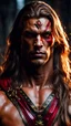 Placeholder: portrait of a 35 year old Handsome muscular mercenary with light bronze skin and long hair his temples are adorned with rubies. dark fantasy. photorealistic