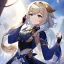 Placeholder: Clear Focus, High resolution, Genshin, white fluffy medium hair, blue eyes, dark blue sleeveless crop top, cut sleeves are white for the main color and secondary color is dark blue, wearing a short white skirt, wearing black fingerless gloves, golden antlers