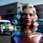 Placeholder: Ultra Realistic retro sci-fi, Supermarket parking scene, 1960 year, blonde woman, sweet young Kate moss face, x rays eyes, face makeup, tight latex coat; many panic people, Retro sci-fi style, soft color, highly detailed, unreal engine 5, ray tracing, RTX, lumen lighting, ultra detail, volumetric lighting, 3d, finely drawn, high definition, high resolution.