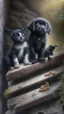 Placeholder: **A shaggy black puppy dog with a white belly, a gray kitten, a three color kitten eating salami on a stone stairway in the woods
