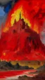 Placeholder: A red volcanic castle in a fiery realm painted by Claude Monet