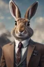 Placeholder: Anthropomorphic hare in a hyper-realistic 8K suit and tie.