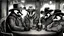 Placeholder: Anthropomorphic American badger wearing a cowboy hat and having a whiskey at the saloon with his other anthropomorphic animal buddies. Etching.