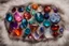 Placeholder: top view of lot of coloured gemstones on fluffy blanket in candlelight