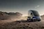 Placeholder: A Tesla 'Semi' (semi truck) is going at a high speed, at the lunar landing site of the 'Apollo 11'. (CINEMATIC, WIDE ANGLE LENS, PHOTO REAL)