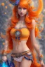 Placeholder: Full body of beautiful girl nami, Hair Color: Orange, Style: Wavy, Outfit Top: Blue, Outfit Bottom: Orange, Shoes: Brown, Accessories: Tangerine, Weapon: Clima-Tact, Hat: Straw, Tattoo: Pinwheel, Earrings: Hoops, sophisticated,, beautiful woman, hyper realistic, hyperrealism, photoreal, realistic, photorealistic, soft pastels, full-body, standing, long shot, wide angle, aesthetic