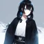 Placeholder: Clear focus, High resolution, black short fluffy hair, long locks, frowning, unamused, wearing a black coat and a white short skirt with black leggings on, wearing a white shirt, wearing a grey belt, looking confused, snow in the background, blue sparkling eyes, 1girl (solo)