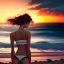 Placeholder: A very scantily clad young woman standing on the beach watching the sunset. The wind is playing with their hair.