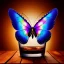 Placeholder: makrophoto butterfly, ancient, magic,on dark wooden table with drinking glass, hairy hand