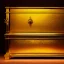 Placeholder: golden sarcophagus on fire, lid on, in a dungeon, dark